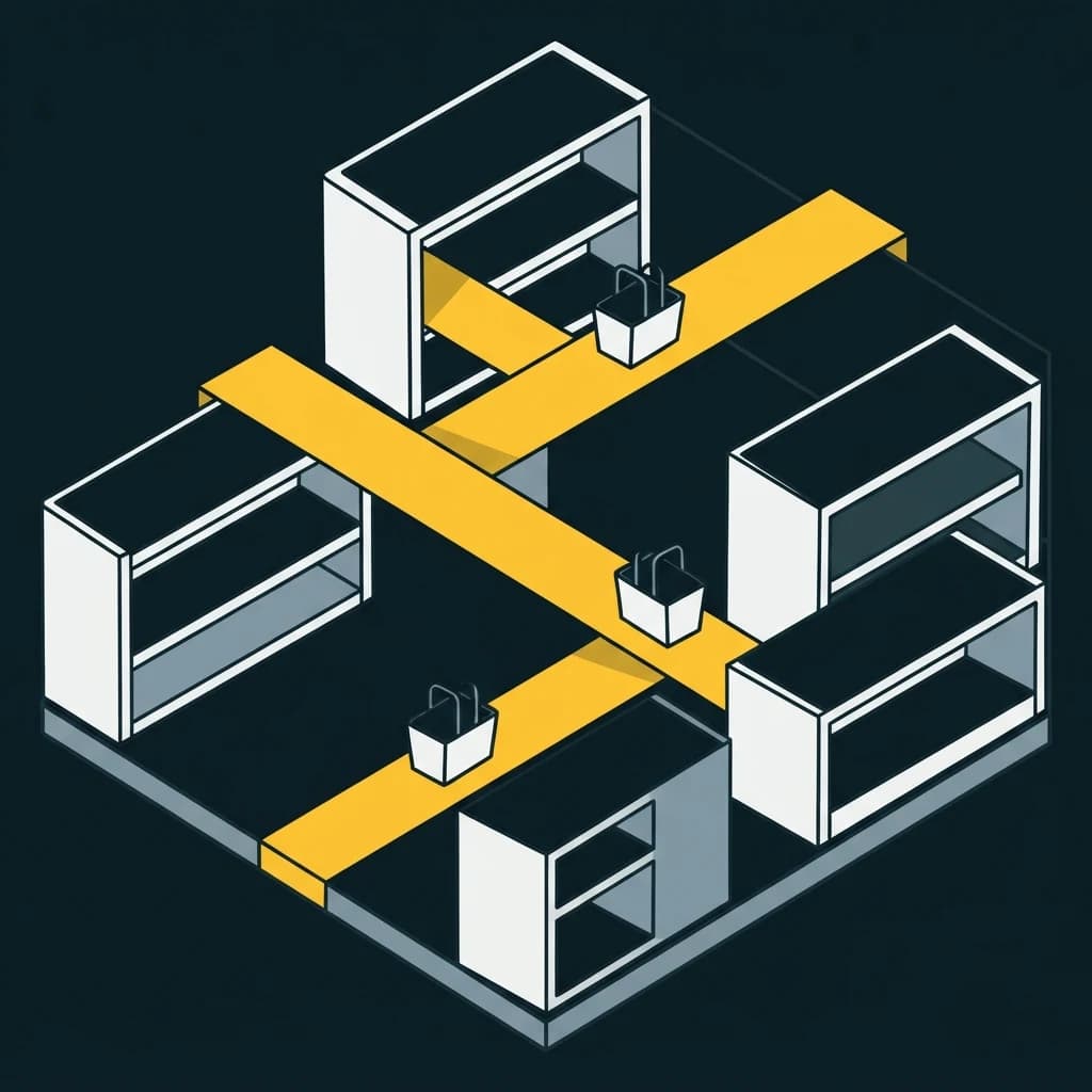 One continuous folded path threading between shelf blocks from one corner to the opposite one, with totes standing on it.