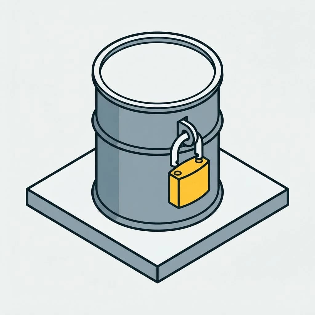 A drum with an open padlock hanging on it and no chain anywhere.