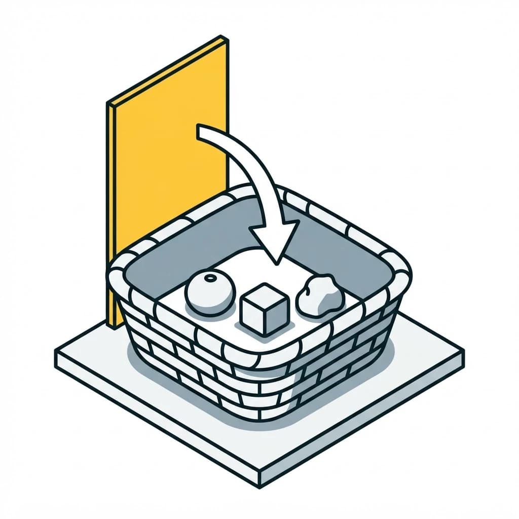 A basket of goods with a list standing behind it and an arrow curving back down into it.
