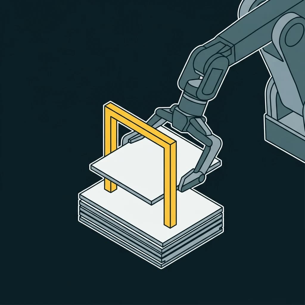 A mechanical arm reaching through a gate to place a panel on a stack.