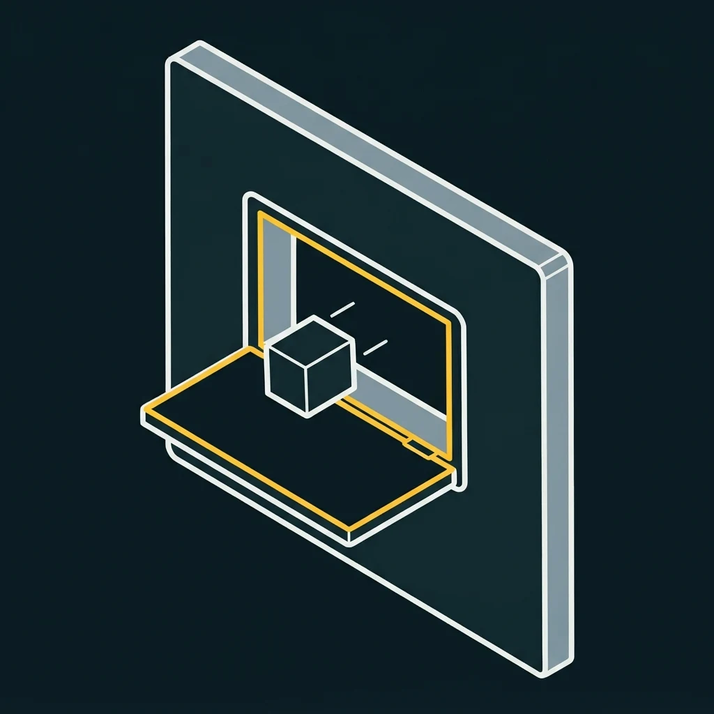 A panel with a hatch open in its face and a block being fitted into the slot behind it.